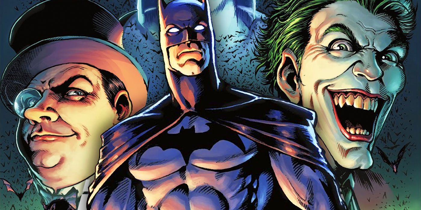 Batman standing with floating heads of Penguin and the Joker
