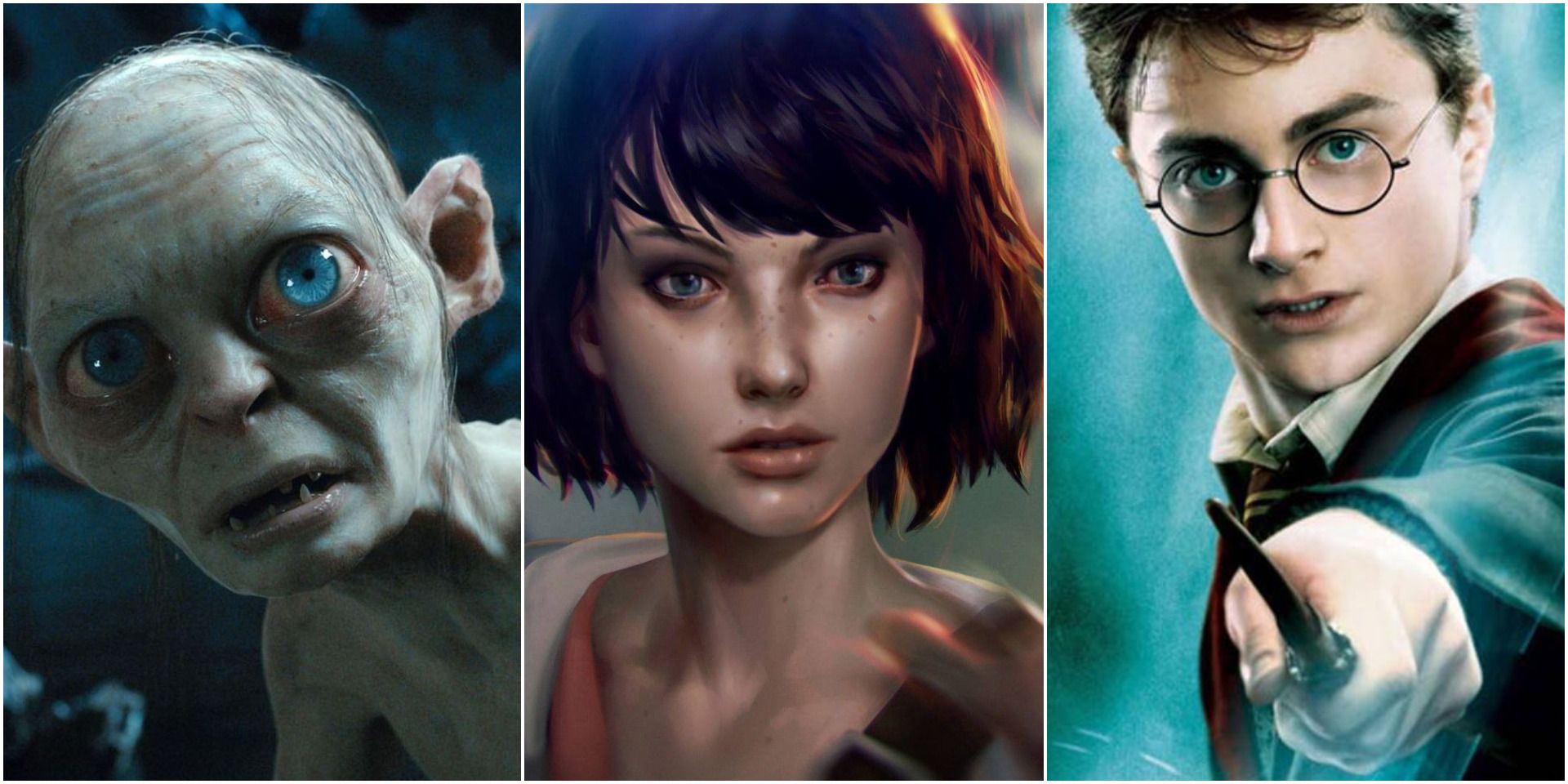 a split image of gollum, a character from life is strange, and harry potter