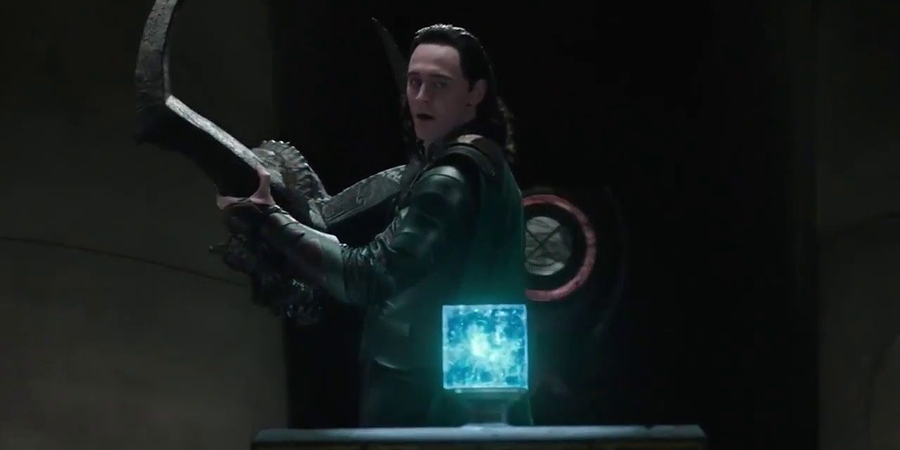 Loki taking Surtur's crown and Tesseract from Weapons Vault
