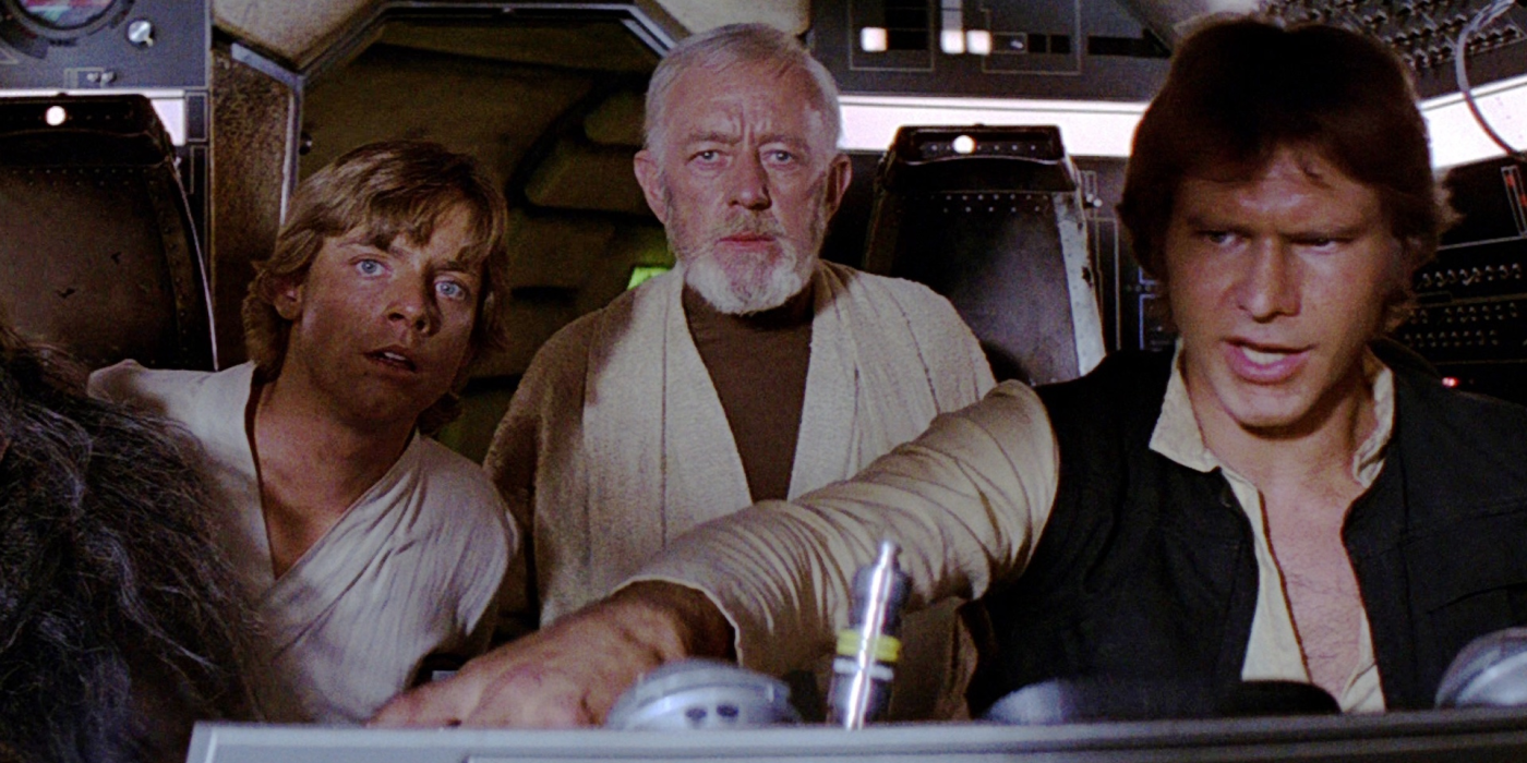 Luke, Obi-Wan, and Han in the Falcon's cockpit