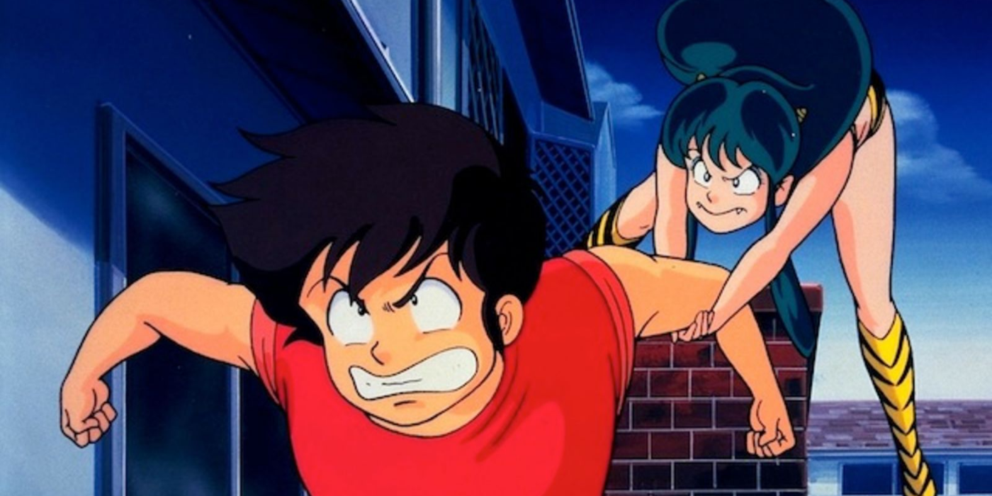 Lum and Ataru bicker in 1980s Urusei Yatsura anime.