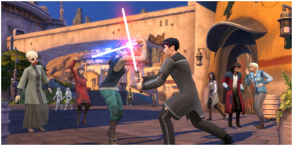 Two Sims in a lightsaber battle