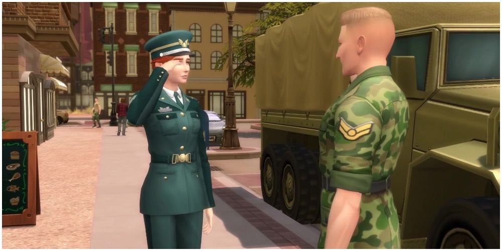 An officer Sim saluting a lower level cadet