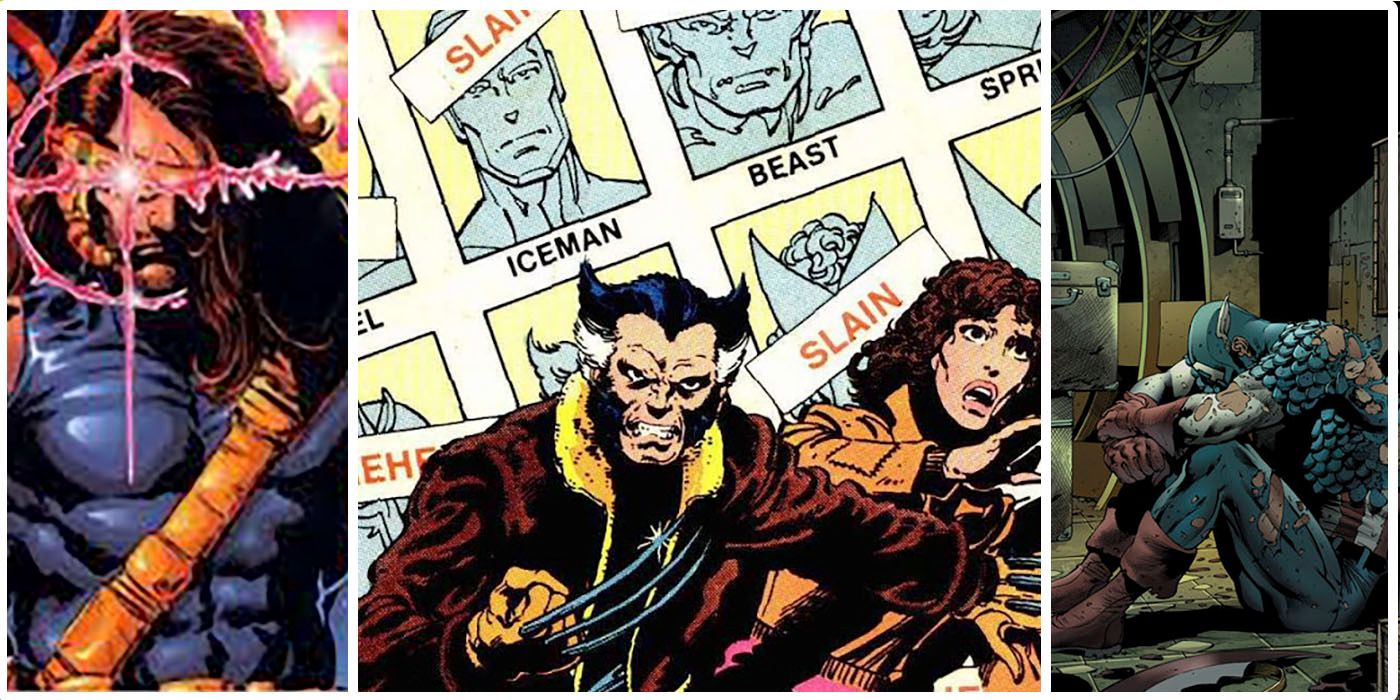 Three seperate sections on a banner. The first is Cyclops from the Age of Apocalypse, his powers look like they've just been used and he stares straight ahead. The second is Wolverine and Kitty Pryde in a spot light with wanted posters behind them. she looks scared and he looks ready for a fight. The third is Steve Rogers with his costume ripped and his shield broken. He sits on the ground with his head on his knees looking defeated.