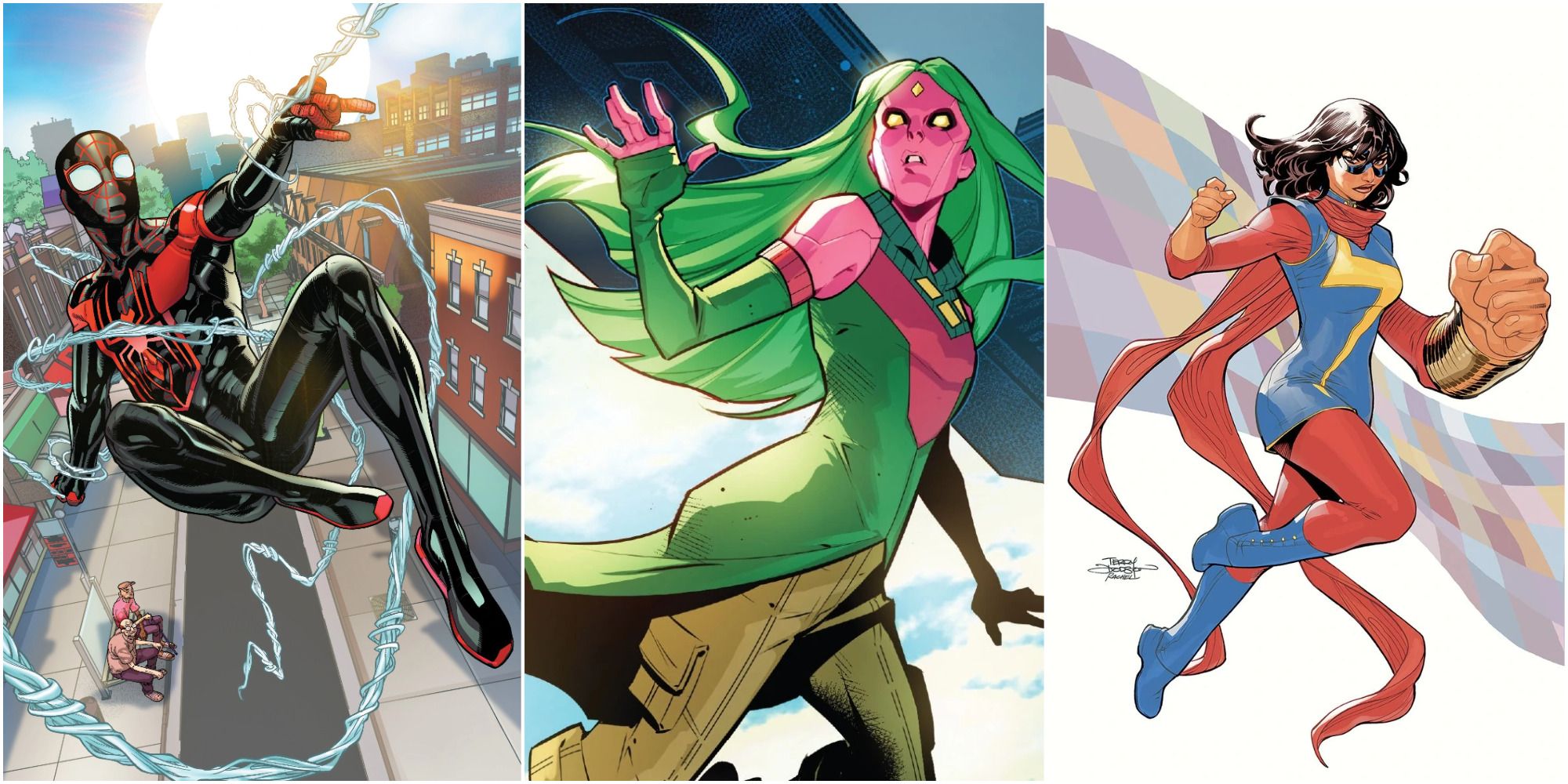 Marvel's Most Powerful Sidekicks: Spider-Man, Viv Vision, and Ms. Marvel header image with characters side by side