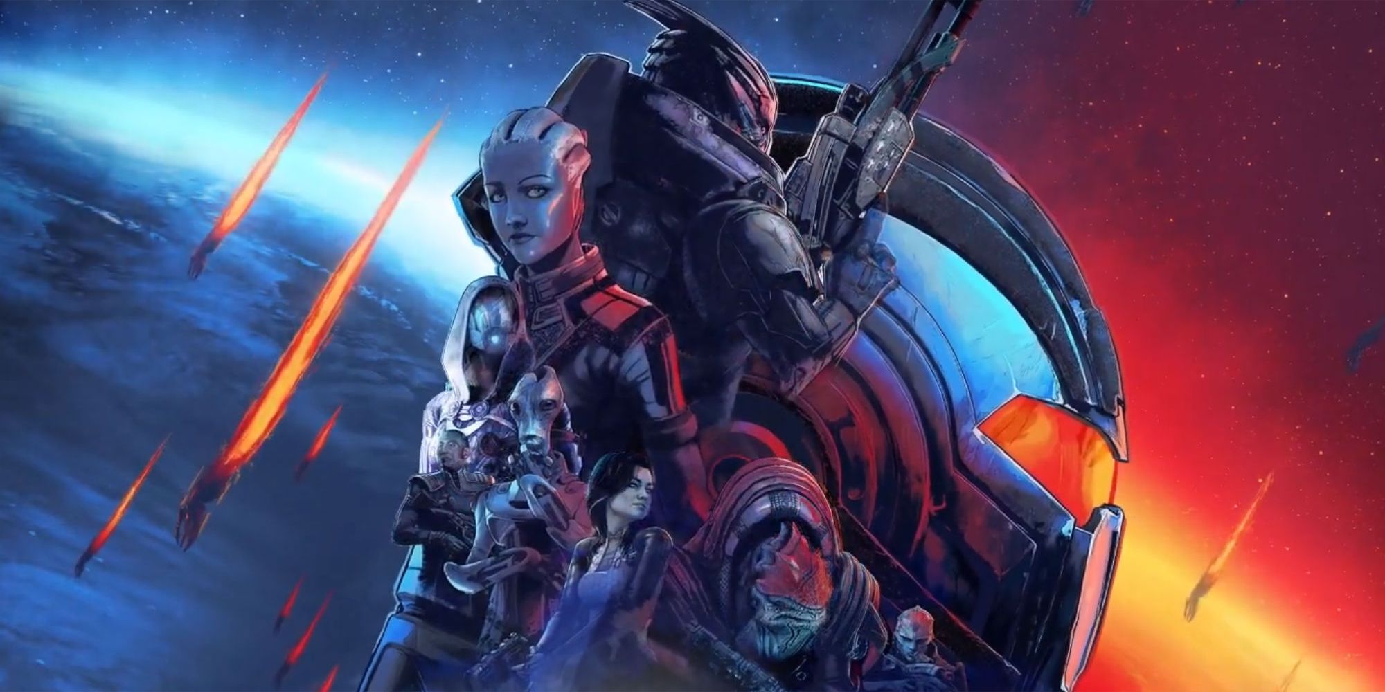 Mass Effect Legendary Edition cover art featuring characters in front of a blue and red background
