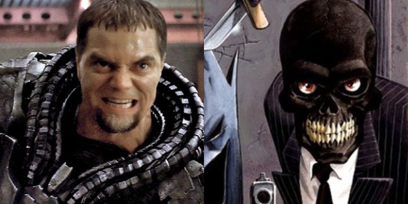 An image of Michael Shannon as General Zod in Man of Steel next to an image of Black Mask from the comics.