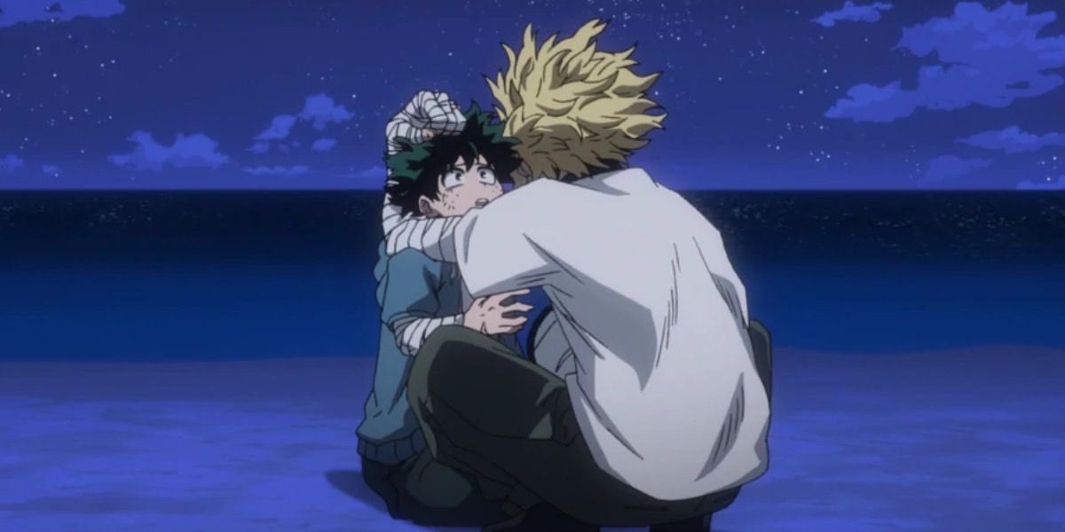 All Might and Midoriya hugging on the beach in My Hero Academia.