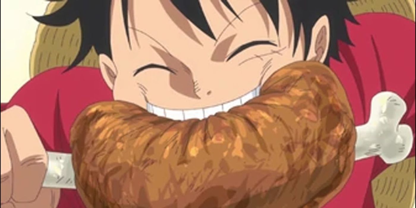 Luffy eating meat in One Piece.