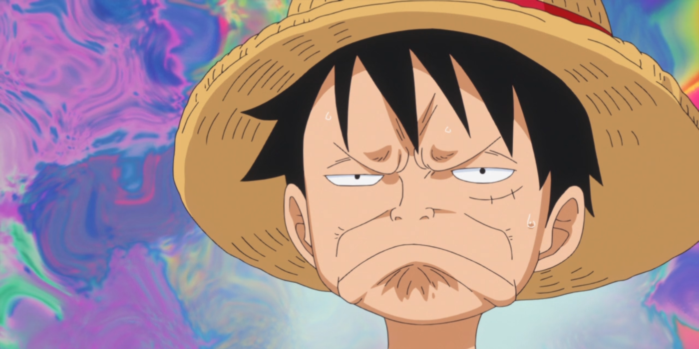 Luffy makes a funny, disgruntled face in One Piece