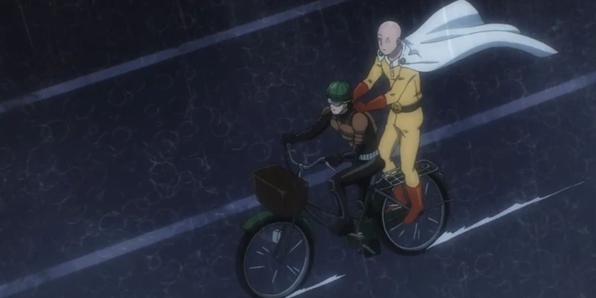 O Mumen Rider de um Punch Man está andando de bicicleta com Saitama nas costas.