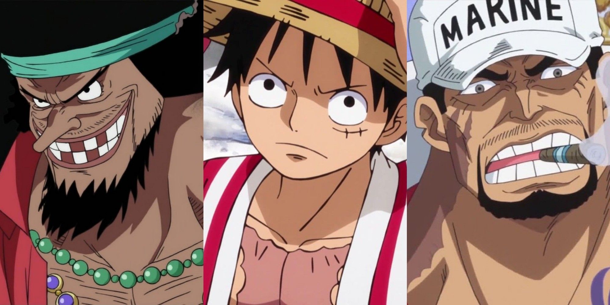 From left to right: Blackbeard, Luffy, and Akainu from One Piece