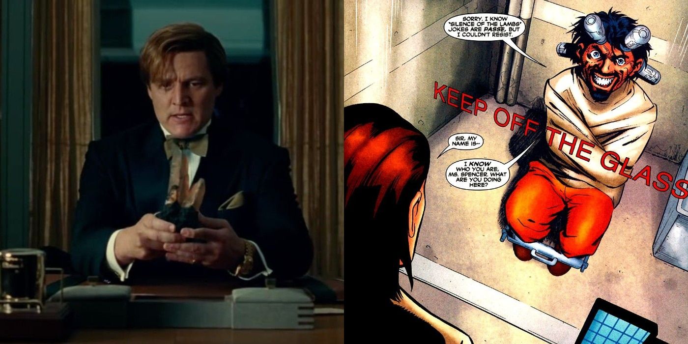 An image of Pedro Pascal as Maxwell Lord in Wonder Woman 1984 next to an image of DC supervillain Edgar Cizko/Doctor Psycho.