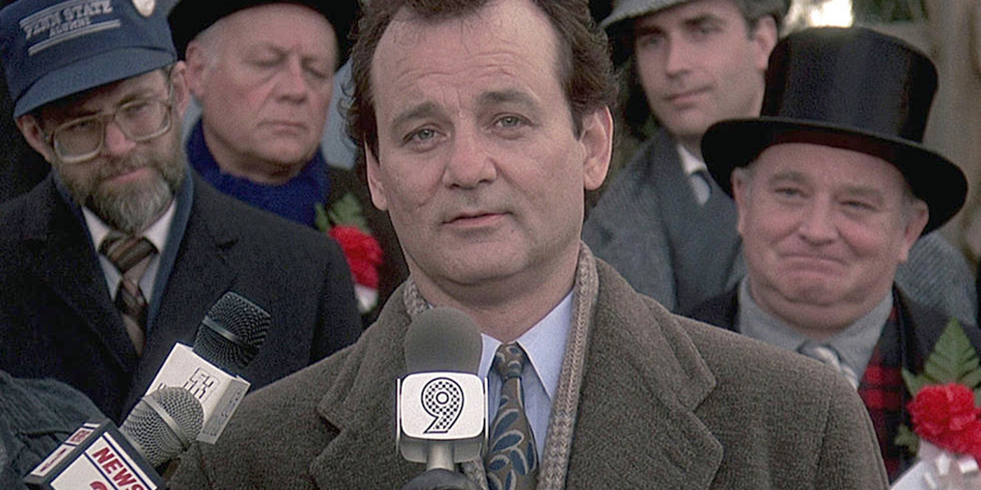 Phil Connors reports on the news in Groundhog Day.