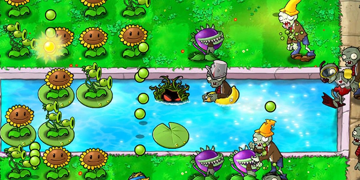 A screenshot from the EA game Plants vs Zombies; zombies and plants fighting near a stream.