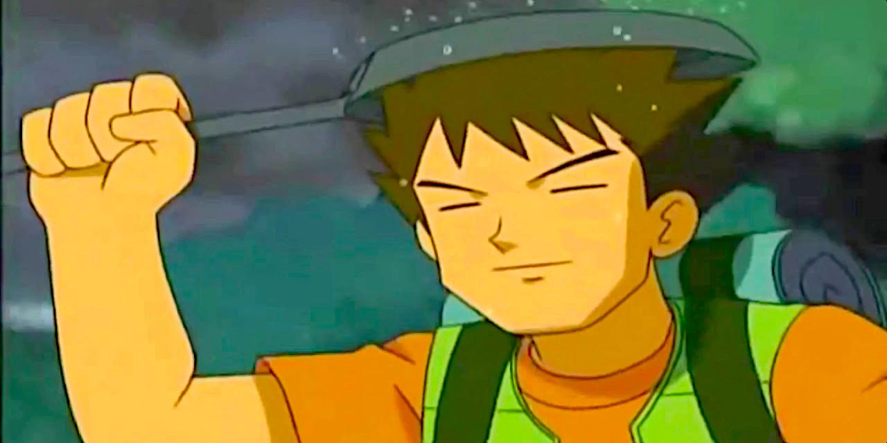 Brock holding a frying pan over his head to protect himself from rain