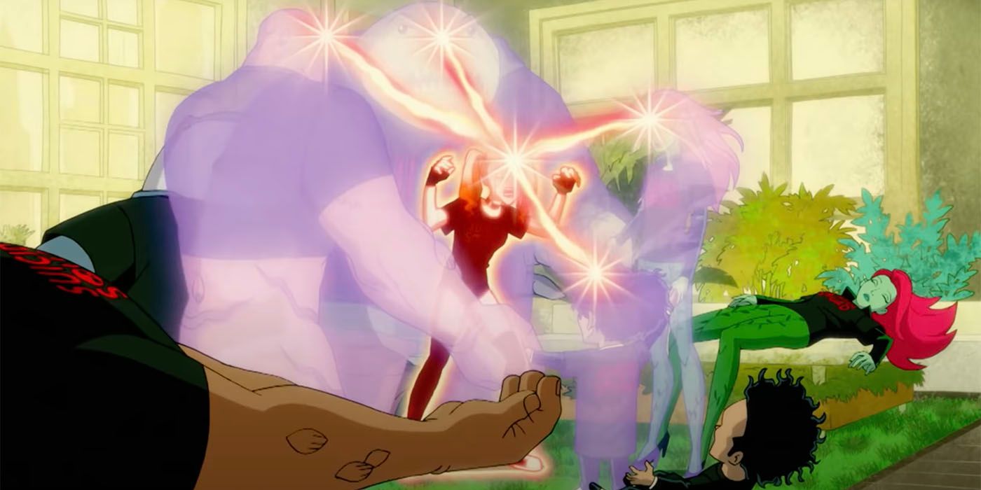 Dr.Psycho, Poison Ivy, King Shark and Clayface enter Harley Quinn's mind through a pink glowing energy that connects them all at the forehead.
