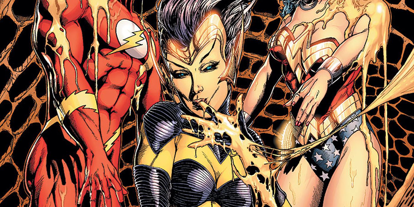 Queen Bee holding Flash and Wonder Woman captive