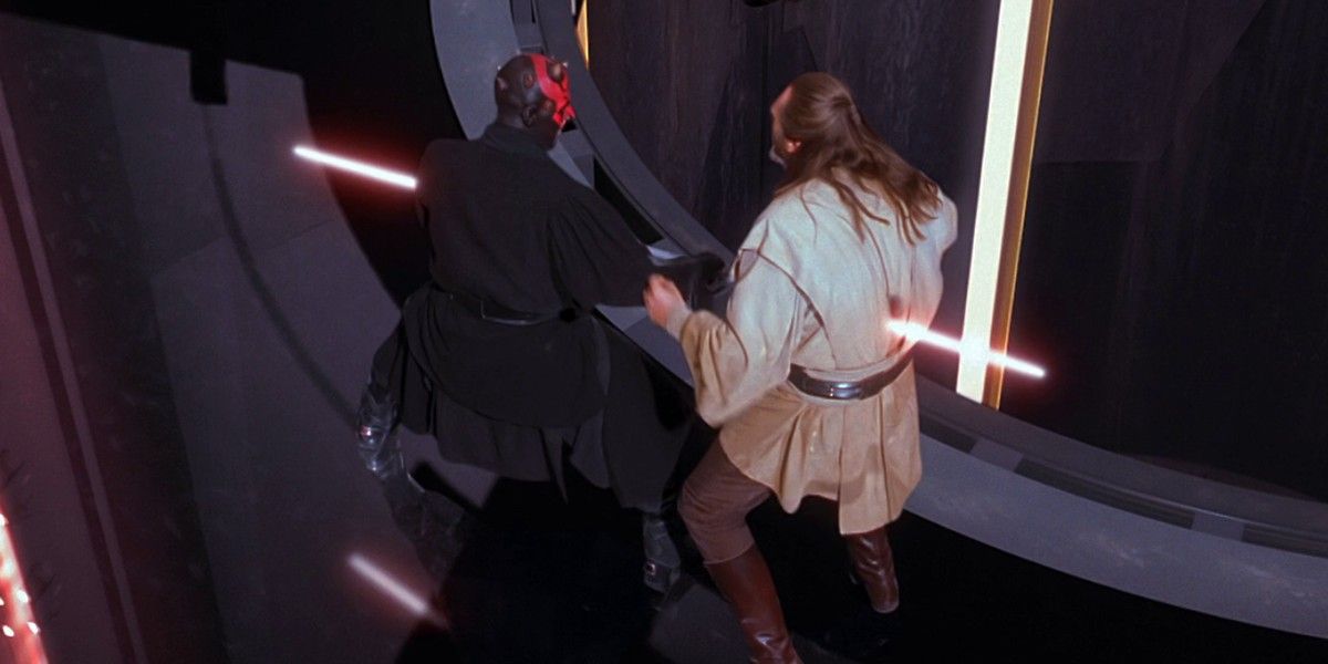 Darth Maul stabs Qui-Gon Jinn with a lightsaber in Star Wars: The Phantom Menace.