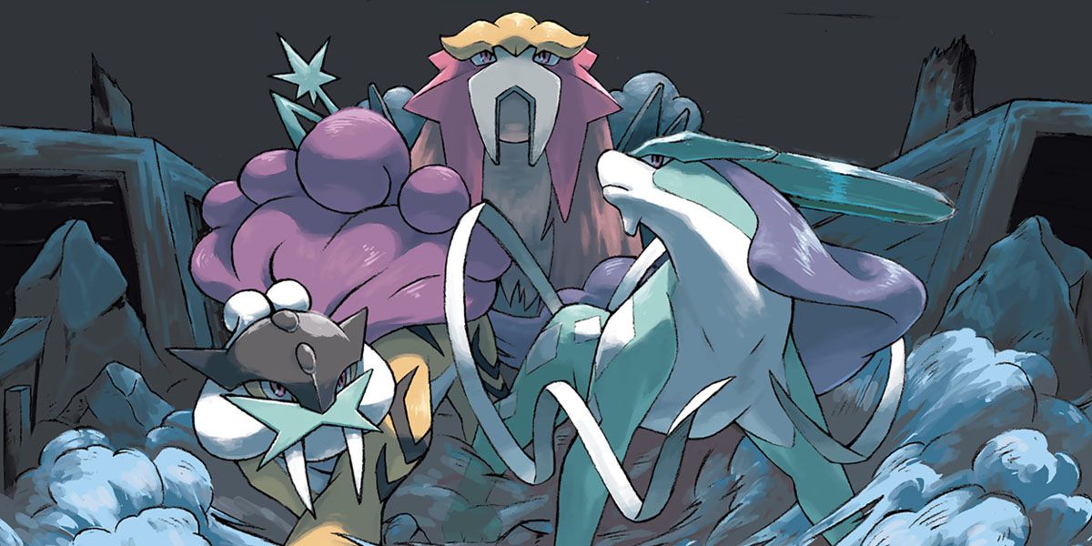 Raikou, Suicune, And Entei look up in Pokemon