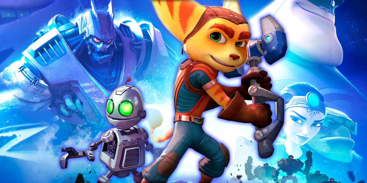 Ratchet & Clank posing with NPCs in the blue background
