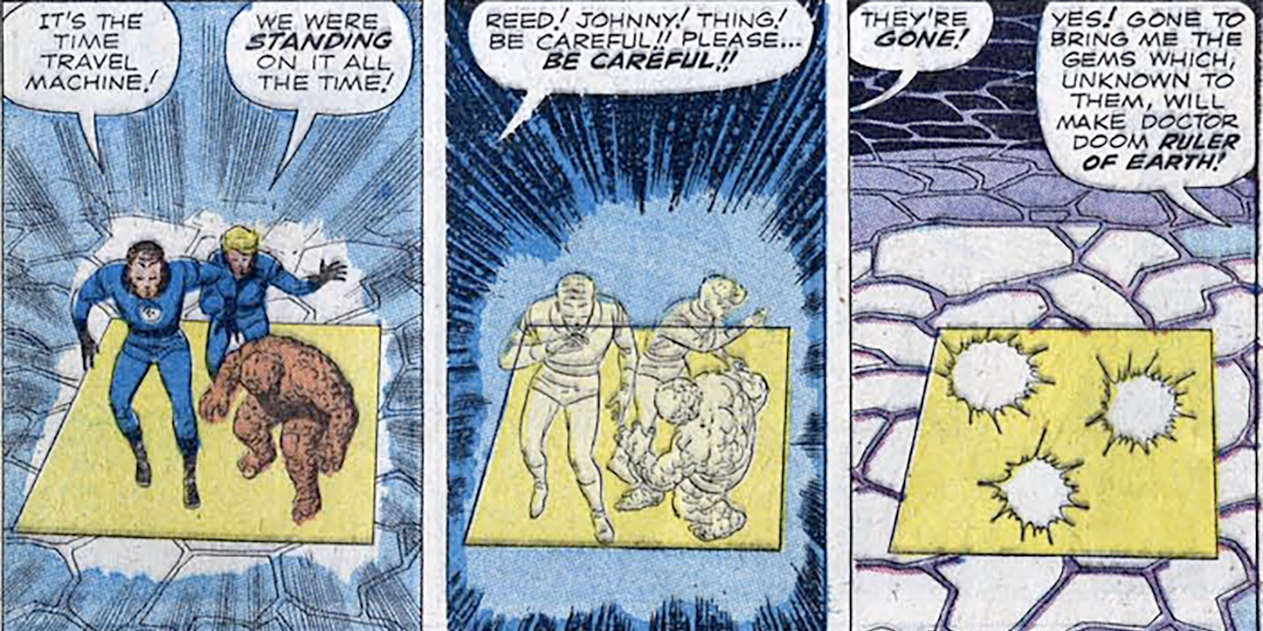 Reed Richards, Johnny Storm and Ben Grimm stand on a glowing square as they slowly disappear from the rocky room.
