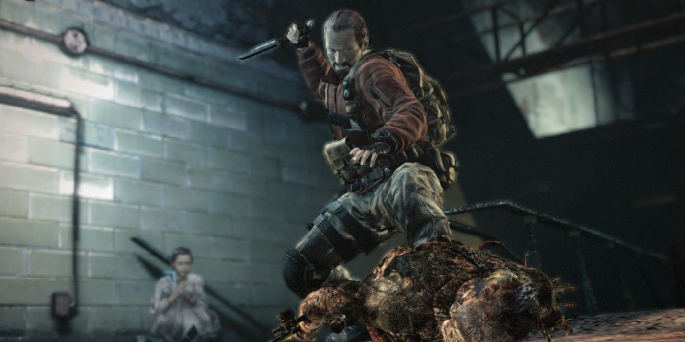 Barry Burton about to stab an enemy in Resident Evil Revelations 2 