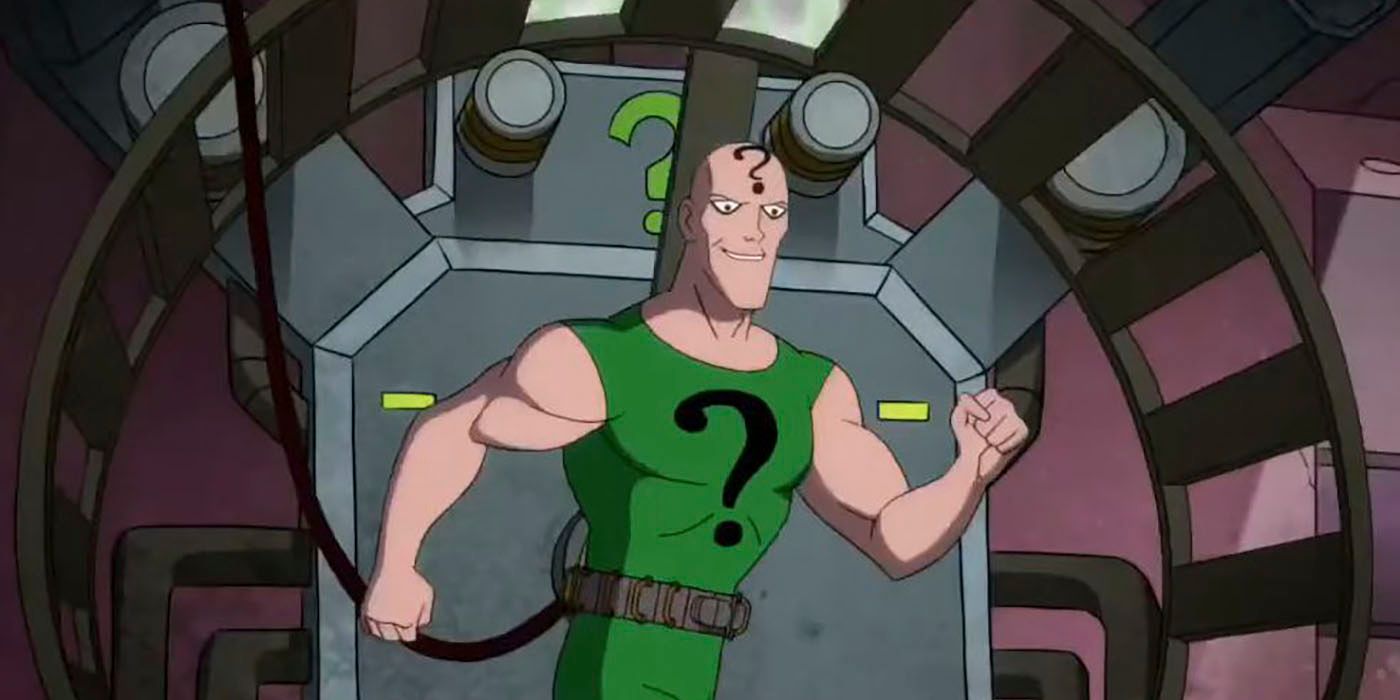 The Riddler, dressing in a green singlet with a question mark on it, runs on a giant hamster wheel, generating electricity.