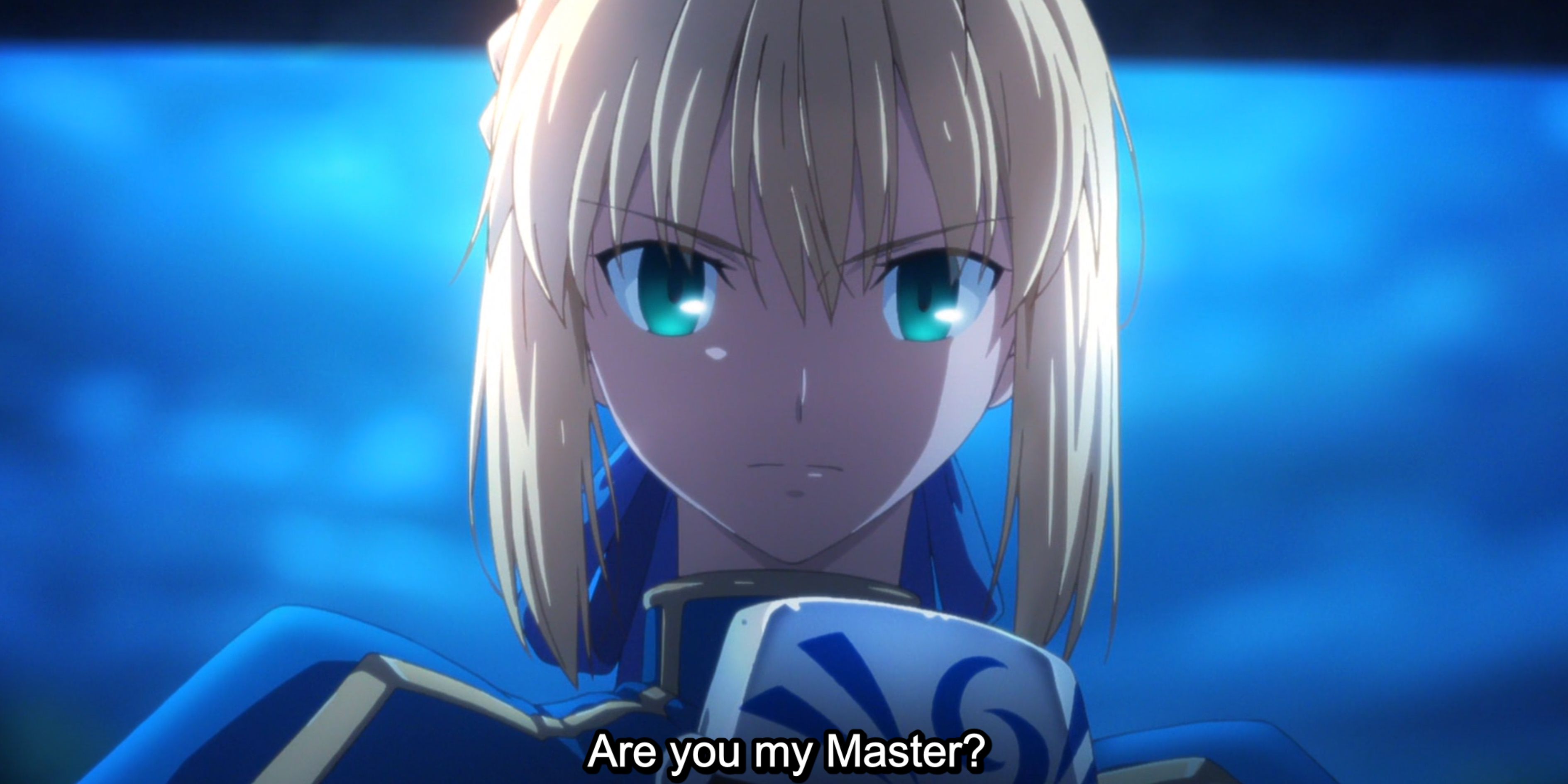 Saber Artortia asking Shirou if he is her Master in the Holy Grail War of Fuyuki in Fate/Stay Night
