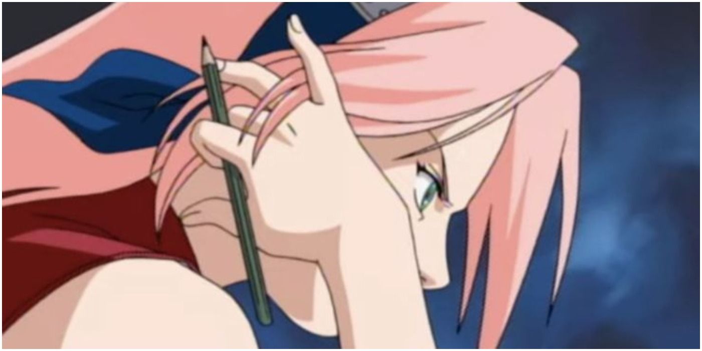 Sakura during the written part of the Chunin Exam in Naruto.