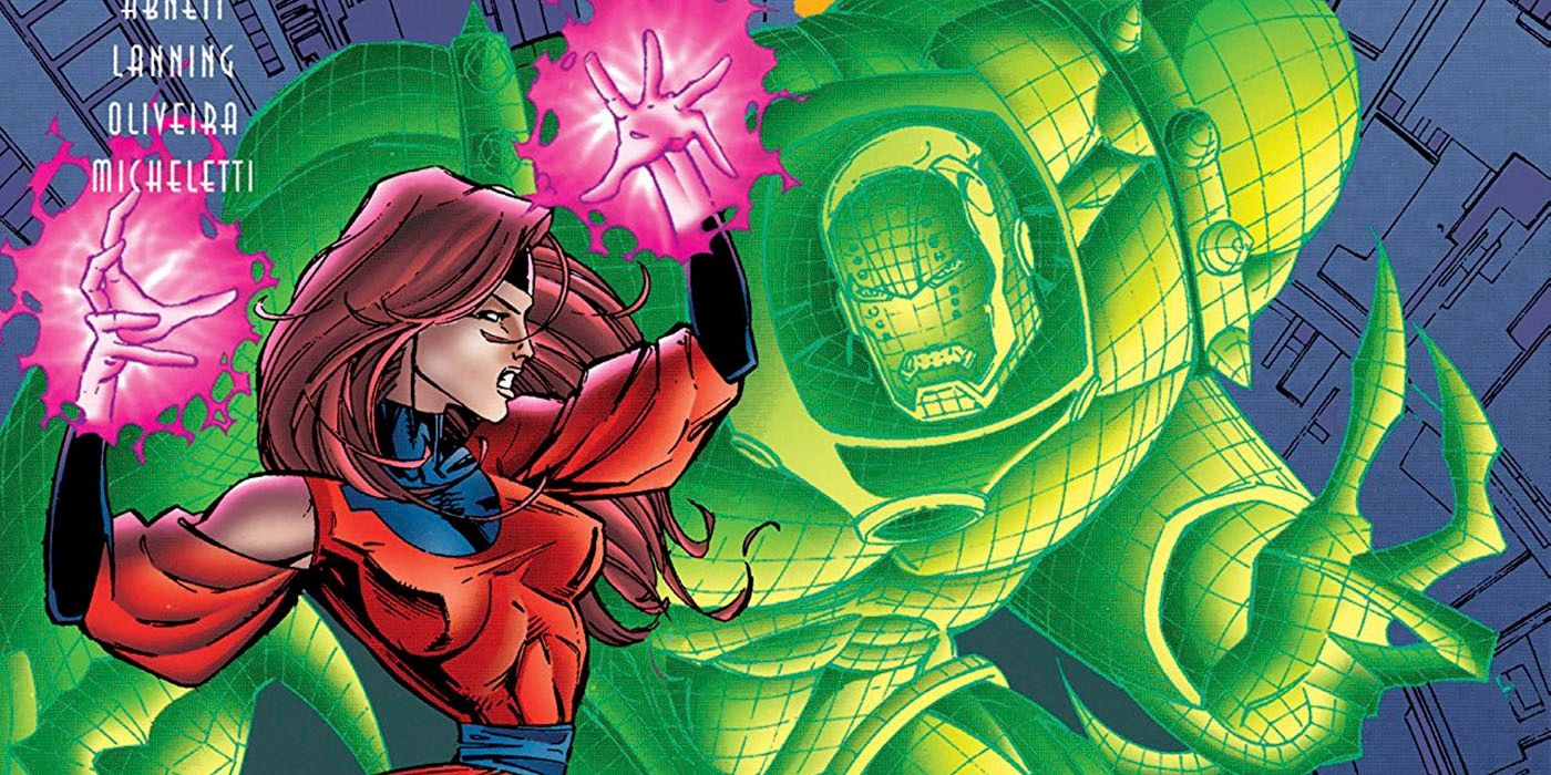 The Scarlet Witch, her hands glowing pink and red, fights a glowing green monster.
