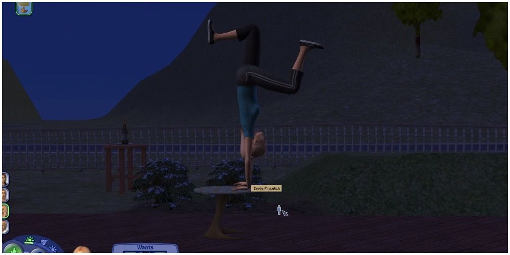 A Sim doing yoga on top of a table