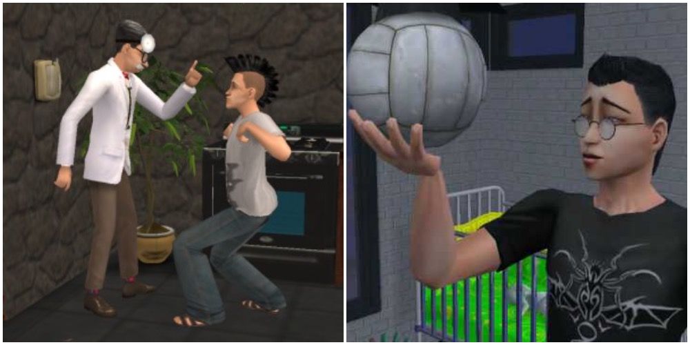 A Sim being interacted with their therapist and one holding a beach ball