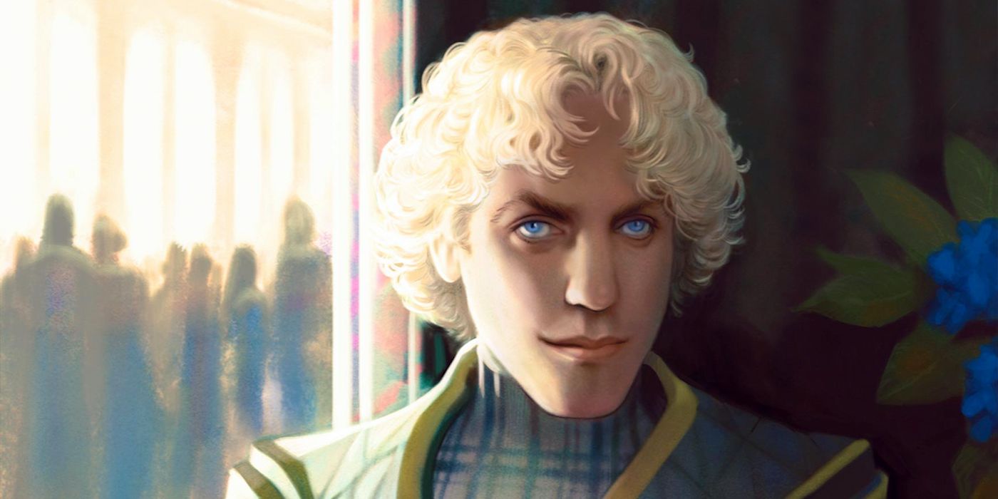 A young Cornelius snow, with curly white-blond hair and piercing blue eyes