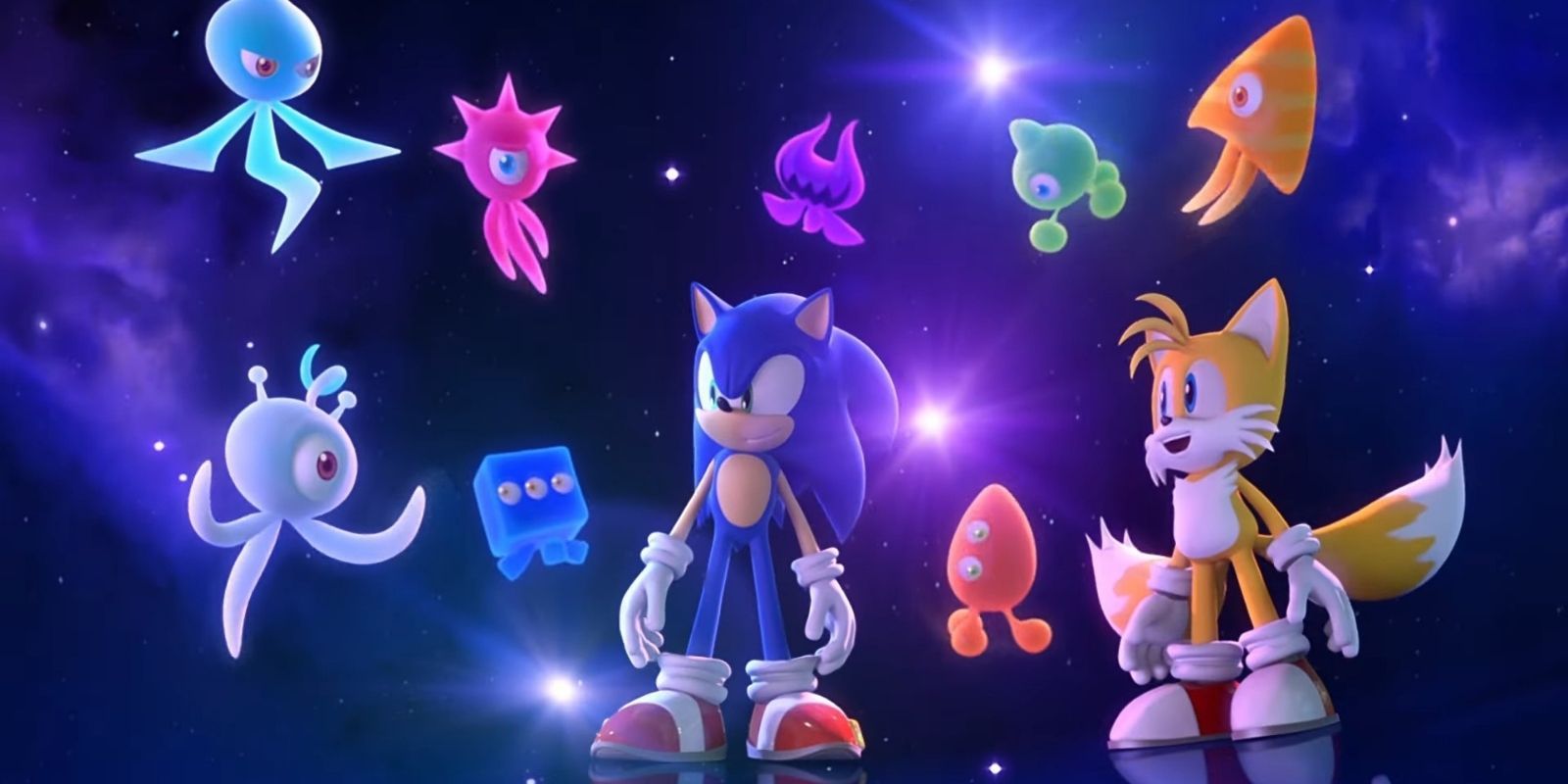 A screenshot from Sonic Colors Ultimate with Sonic and Tails surrounded by wisps