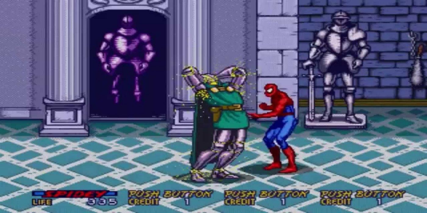 a still from the Spider-Man The Video Game featuring spider-man taking down an enemy