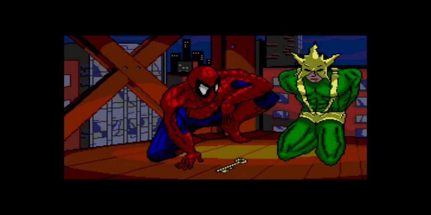 a still from the Spider-Man vs. The Kingpin Sega CD Mode game depicting spider-man looking at a key beside a tied up character