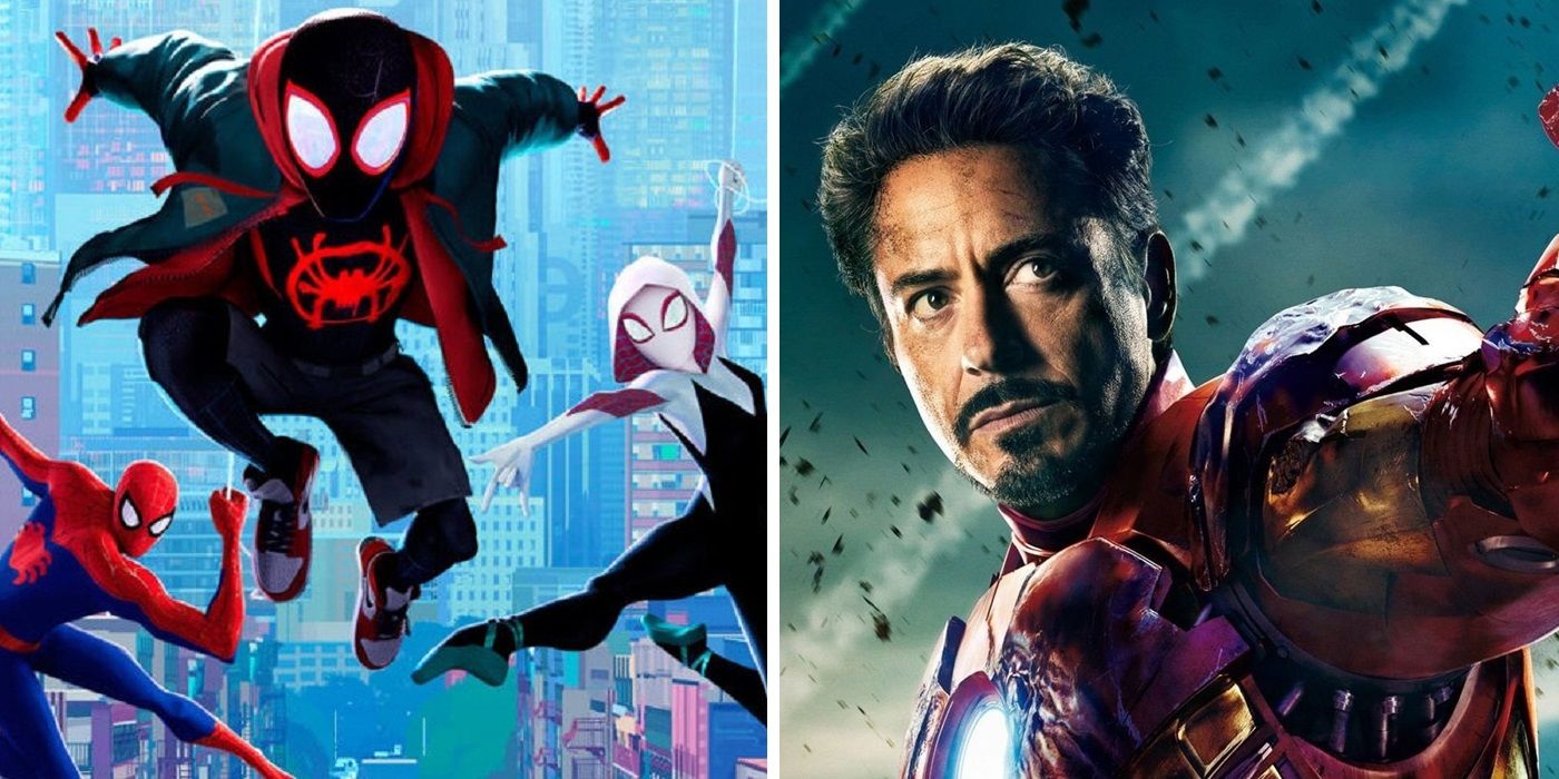 A side-by-side of Spider-Man Into the Spider-Verse and MCU's Iron Man