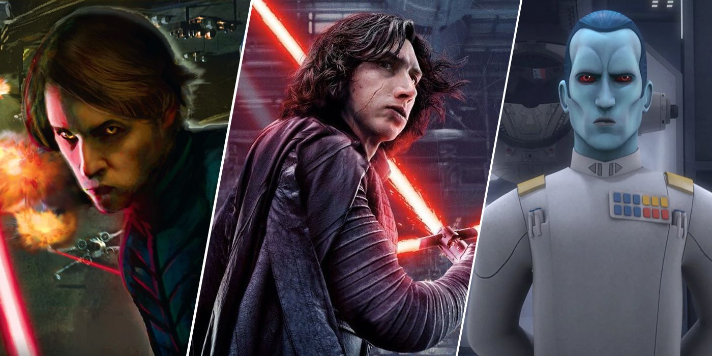 split image featuring darth caedus on the left, kylo ren in the middle, and thrawn on the right