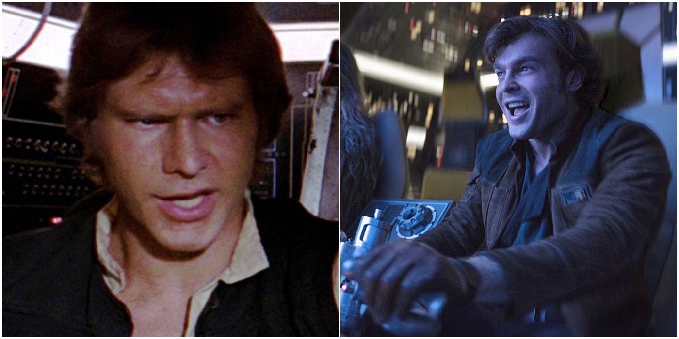 a split image of Han Solo in A New Hope and Han Solo in Solo