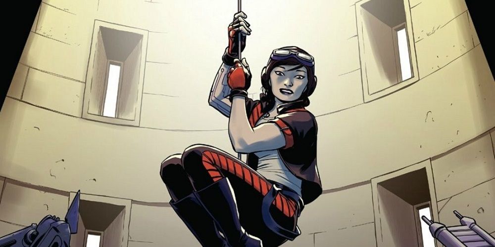 Doctor Aphra dangling from a rope