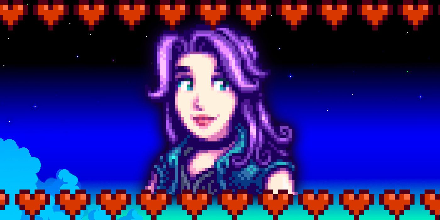 Stardew Valley Abigail against a twilight sky surrounded by hearts
