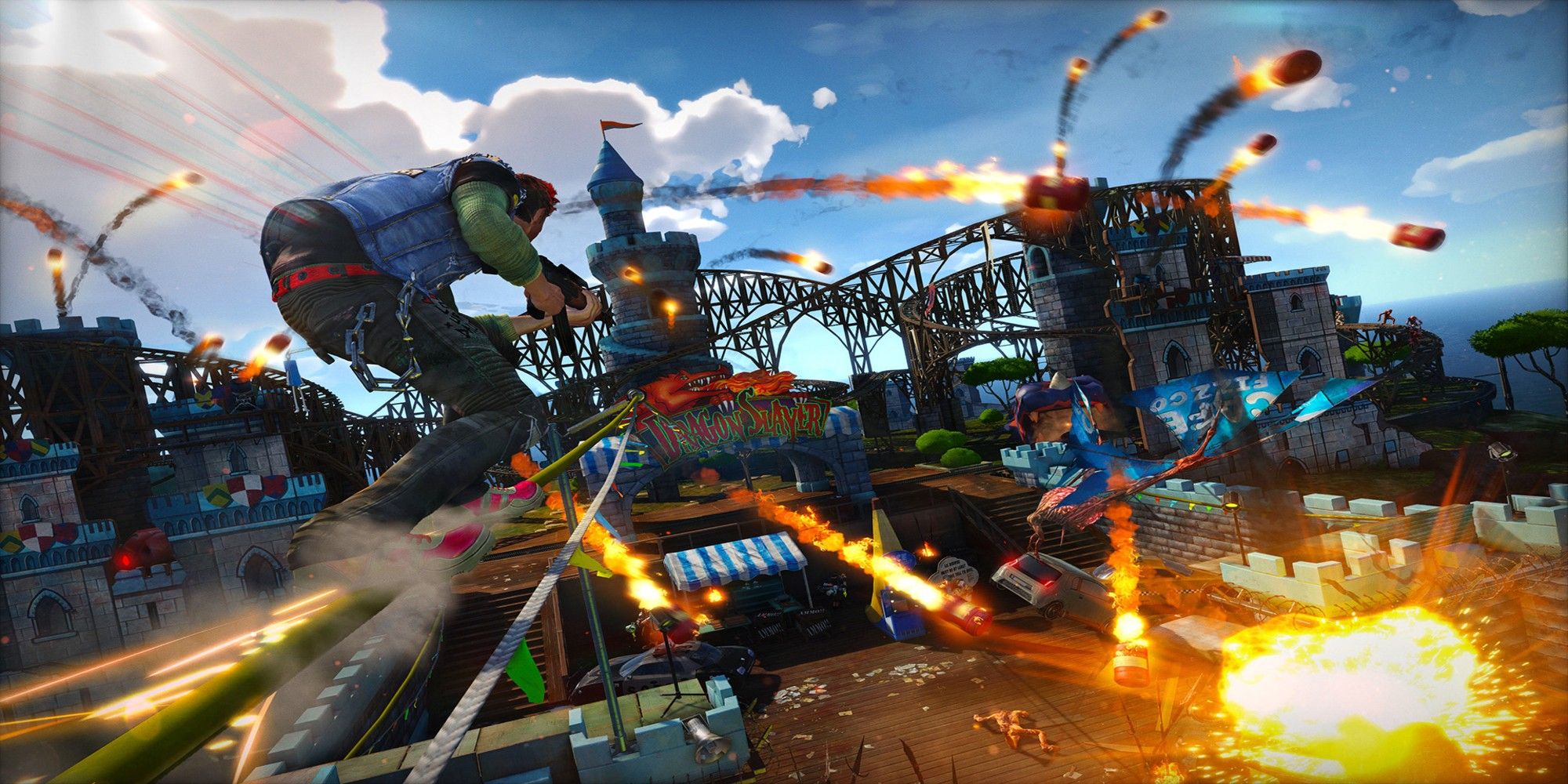 Sunset Overdrive still showing man riding rails and shooting weapon