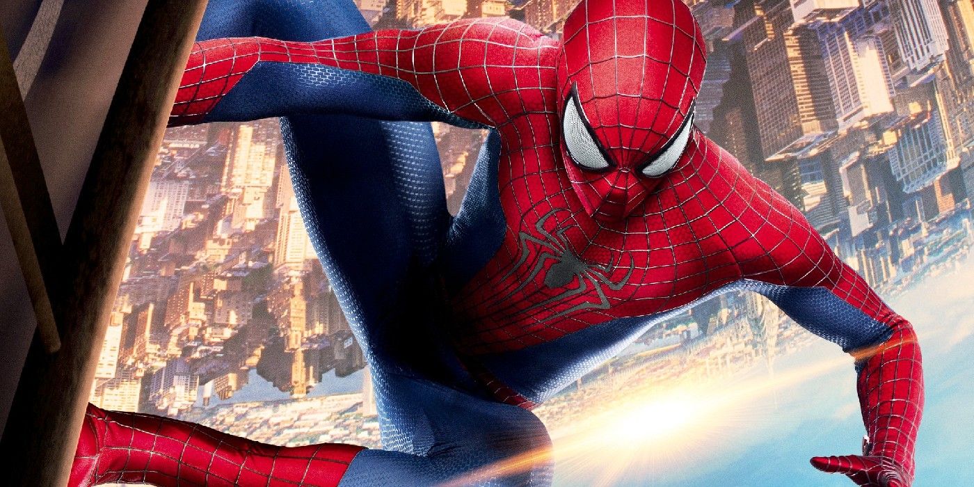 Spider-Man posing against an upside down cityscape for The Amazing Spider-Man 2 poster