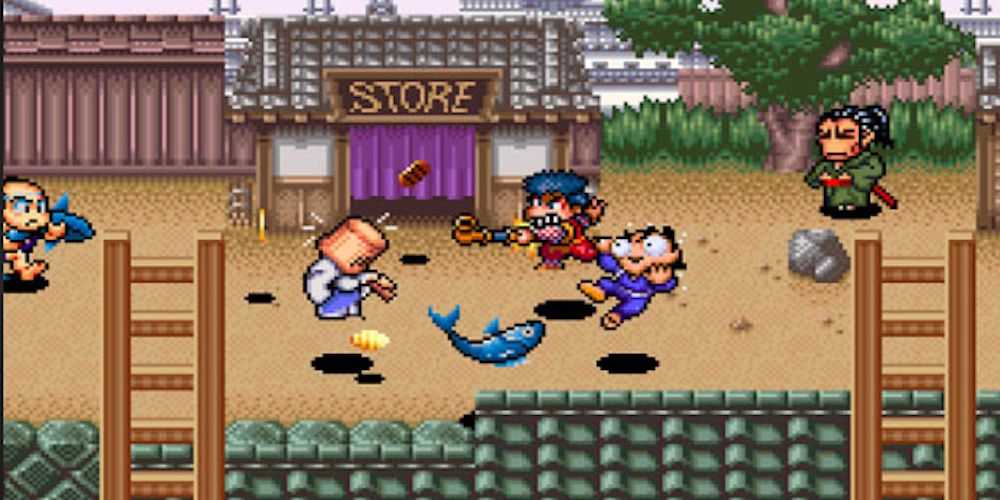 Goemon fights against townspeople in the Super Nintendo's The Legend of the Mystical Ninja