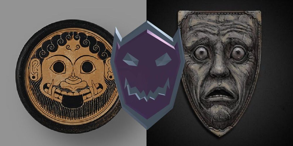 A series of shields with different facial expressions on them