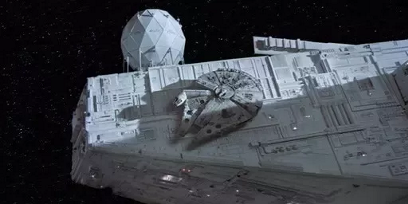 The Millennium Falcon attached to The Star Destroyer