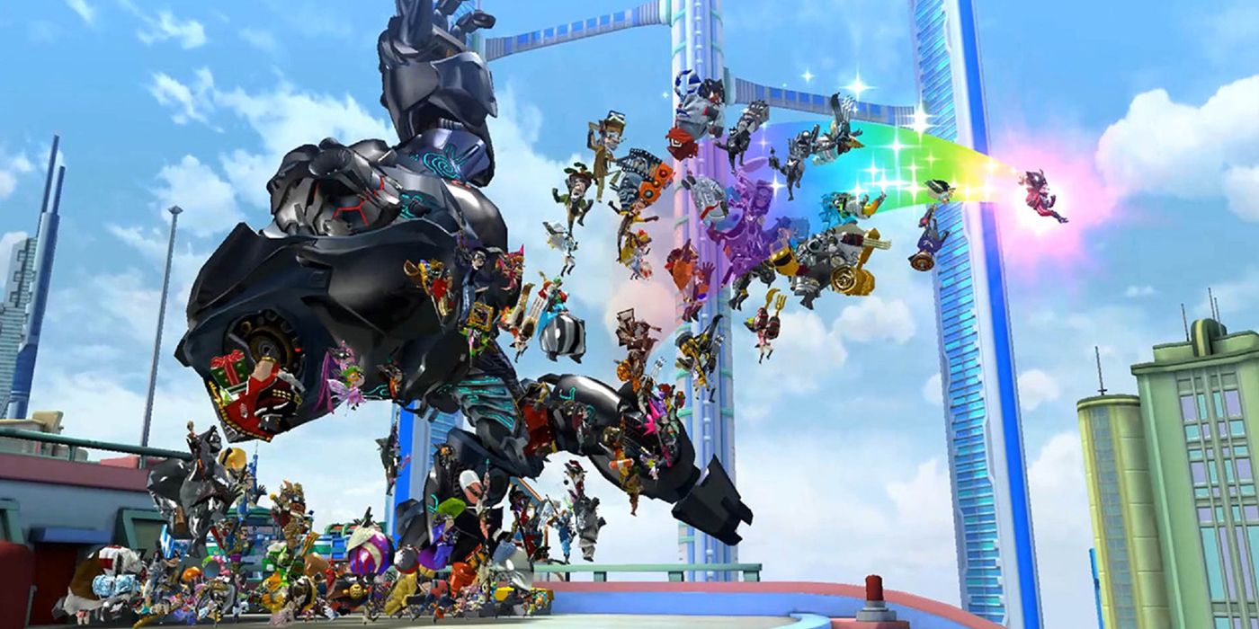 The Wonderful 101 fighting a giant robot in Wii U Game