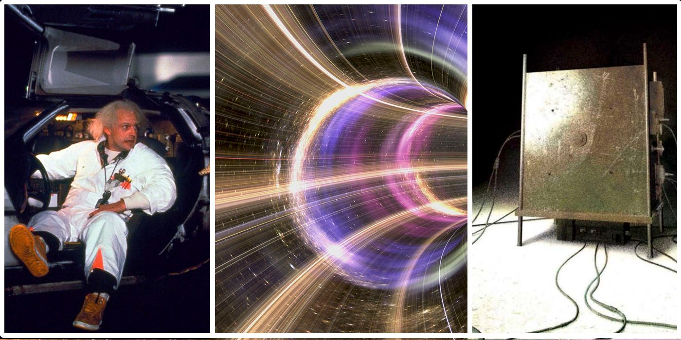 Three sections with seperate images, the first is Doc Brown from the Back to the Future movies, sitting in the Delorean with his feet on the pavement. The second is a wormhole with bright colors in streaks suggesting movement. The third is the Box--a plain grey box on a stand with wires and cables coming out of it from Primer.