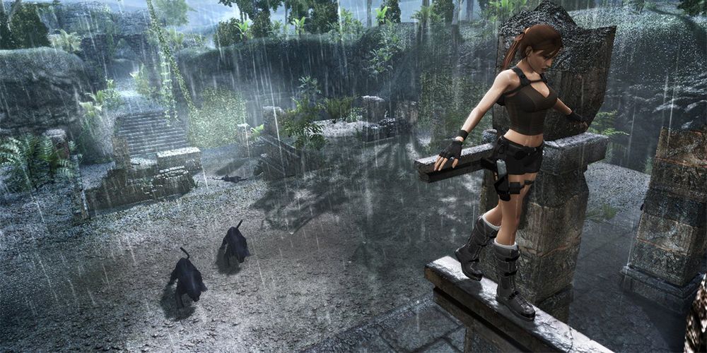 Lara Croft avoids some jaguars